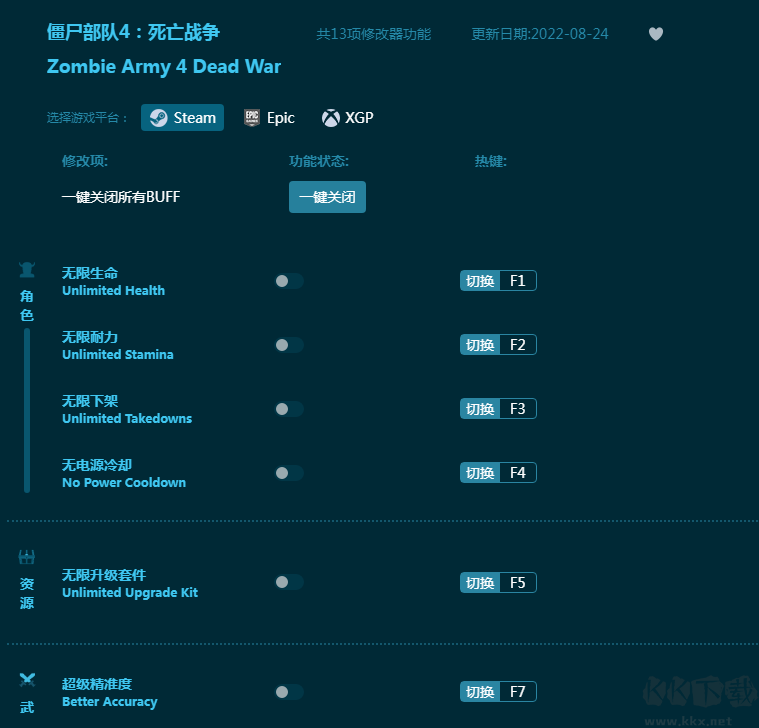 僵尸部队4:死亡战争十三项修改器